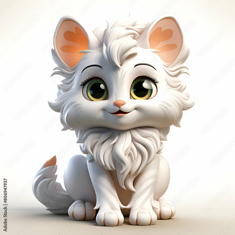 Cute white cat sitting on a white background. 3d rendering