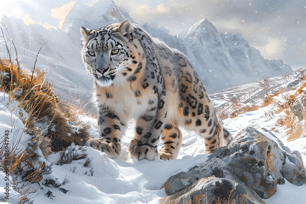 Obraz premium Captivating Prowl of the Elusive Snow Leopard through Majestic Alpine Terrain