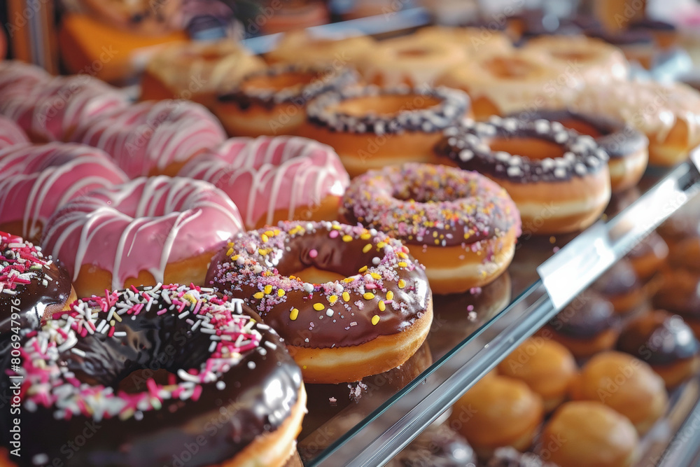 Array of Various Donuts in Display Case. Generative AI Array of Various Donuts in Display Case. Generative AI