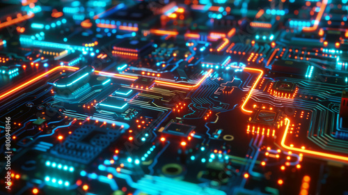 Vivid colored glowing circuit board with intricate details for a high-tech background.
