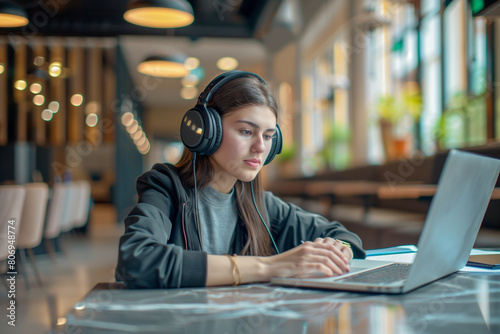 commercial photo captures a focused young businesswoman wearing headphones as she learns a new language by watching a webinar on her laptop. With determination, she takes notes dur photo