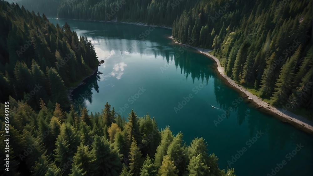 A river and a lake in the middle of green forest and mountains