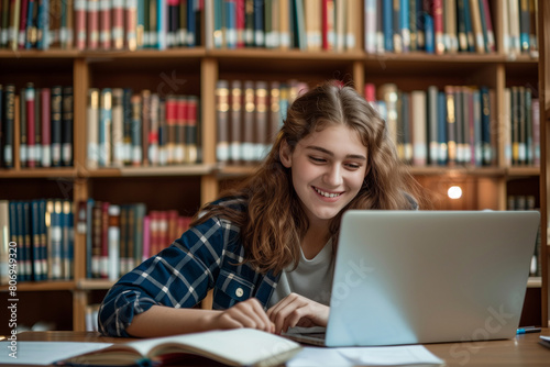 commercial photo of young smiling female student doing homework task on laptop in college or university library, searching information and write notes for online lessons or exams