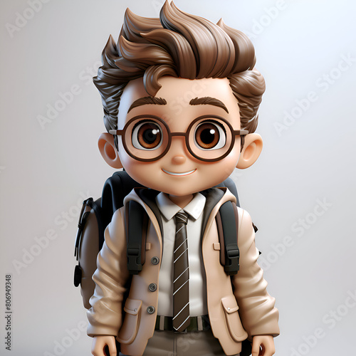 3D illustration of a cute school boy with a backpack and glasses © Wazir Design