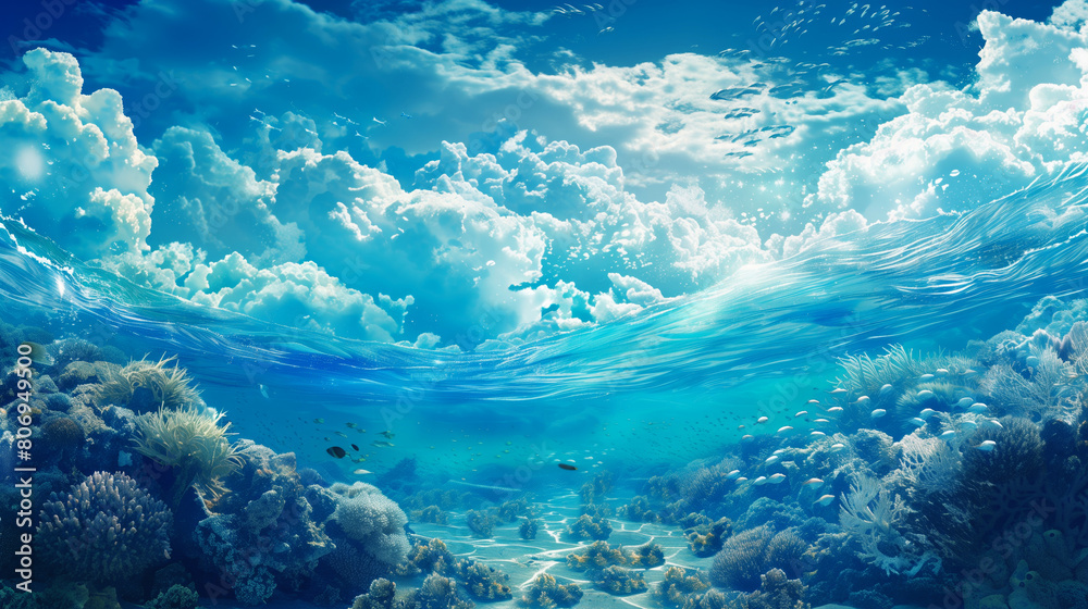 Vibrant underwater seascape with a dynamic surface wave, showing a rich coral reef beneath clear, sunny skies.