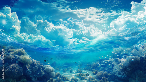Vibrant underwater seascape with a dynamic surface wave  showing a rich coral reef beneath clear  sunny skies.