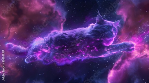 Levitating Purple Cat Executing Grand Jet Under Starry Night Sky Frozen Dramatic Movement in Futuristic Fantastical Digital