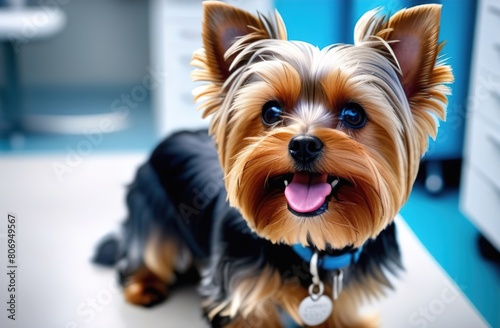 Yorkshire terrier lies on a table in a veterinary clinic. A blue collar with a silver pendant. There is furniture in the background, daylight from the window