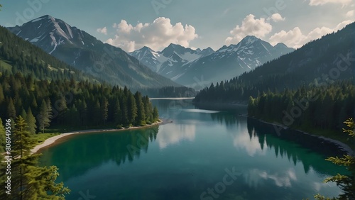 A river and a lake in the middle of green forest and mountains