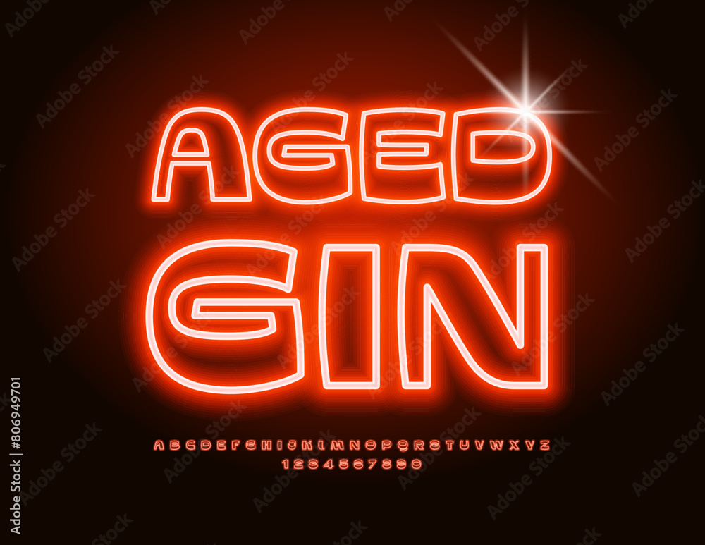 Vector neon advertisement Aged Gin. Unique Glowing Font. Trendy Electric Alphabet Letters and Numbers set.