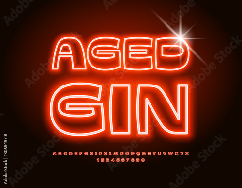 Vector neon advertisement Aged Gin. Unique Glowing Font. Trendy Electric Alphabet Letters and Numbers set.