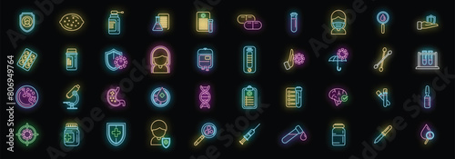 Immune system icons set outline vector. Human weak. Medical booster neon color on black