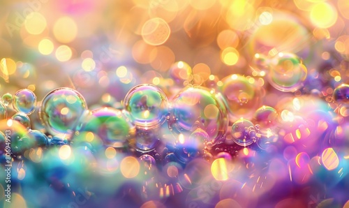 Closeup view on water bubbles, abstract background with bokeh light