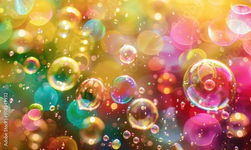 Closeup view on water bubbles, abstract background with bokeh light