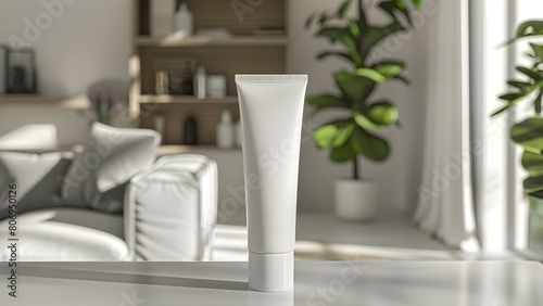 White cosmetic tube mockup in a living room setting. Concept Product Mockup, Cosmetic Packaging, White Tube, Living Room Setting