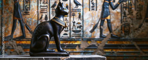 An elegant black statue of an Egyptian cat against a backdrop of ancient hieroglyph-covered panels. photo