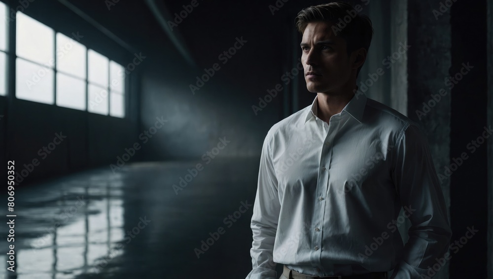 Fototapeta premium a man standing in a dark room in a white shirt