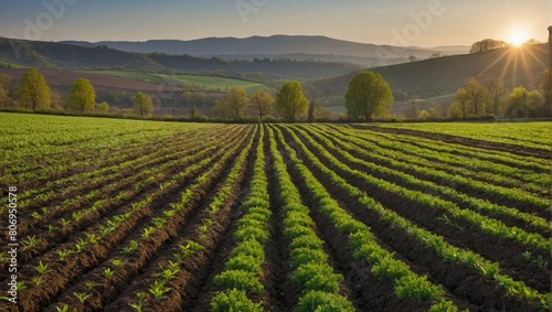 field of crops with a sun setting in the background