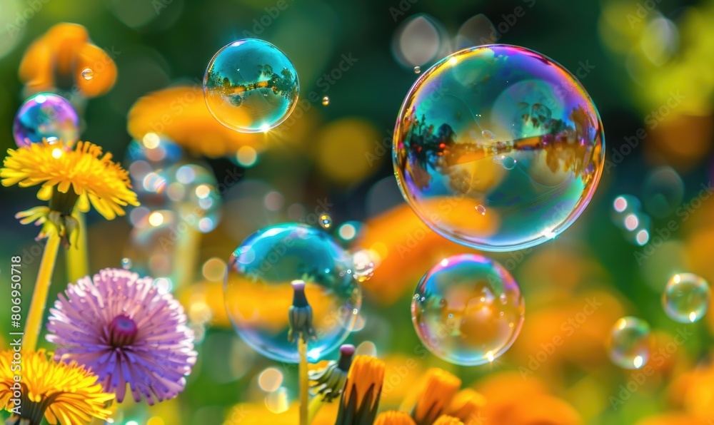 Dandelions and soap bubbles in the air in morning light, nature background