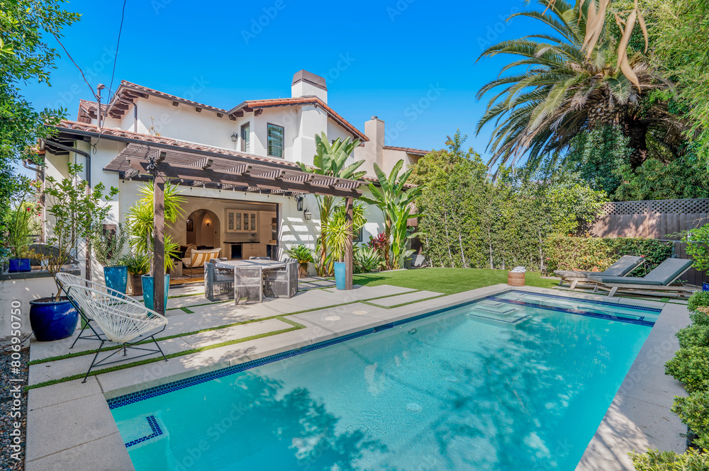 Exterior shot of a luxury Spanish-style home in Hollywood, California.