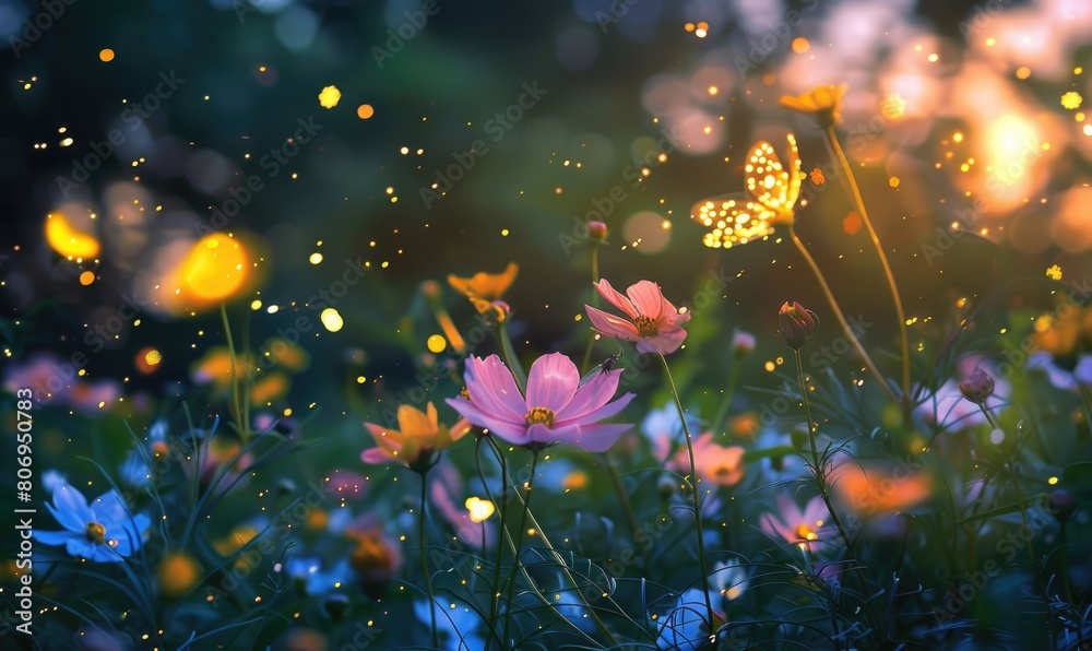 Fireflies dancing among the flowers