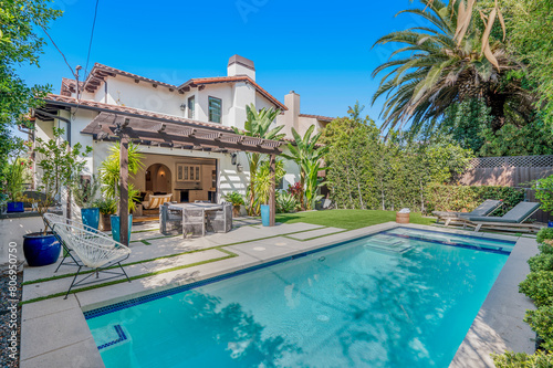 Exterior shot of a luxury Spanish-style home in Hollywood, California. © Wirestock