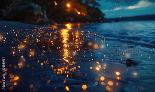 Fireflies flickering in the darkness as sea fireflies glow beneath the waves