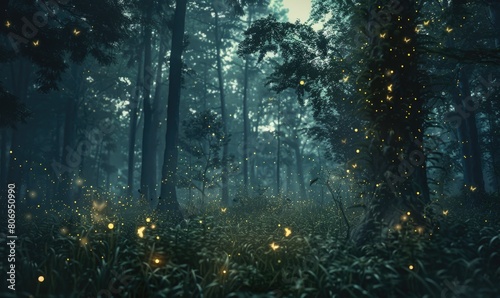 Fireflies glowing in the forest, enchanting nature background
