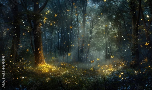 Fireflies glowing in the forest, enchanting nature background © TheoTheWizard