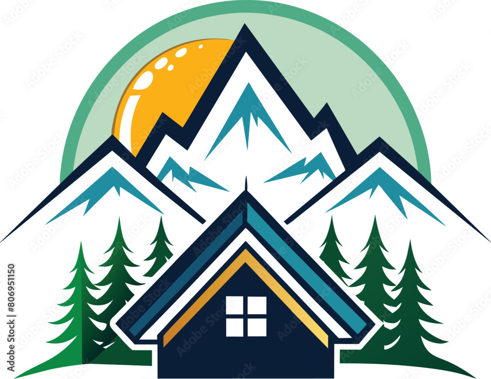 house in the mountains and trees logo design, Forest camping logo, summer camping logo design, 
