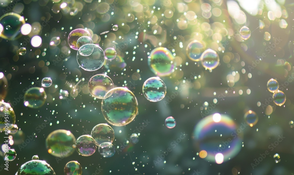 Soap bubbles cascading in the sunshine, sparkling abstract background