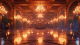a grand ballroom with a elegant podium, chandeliers, and a dancefloor