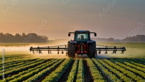 A modern tractor equipped with spray booms is seen in a misty field during the early morning. The tractor is spraying crops, creating a picturesque agricultural scene.