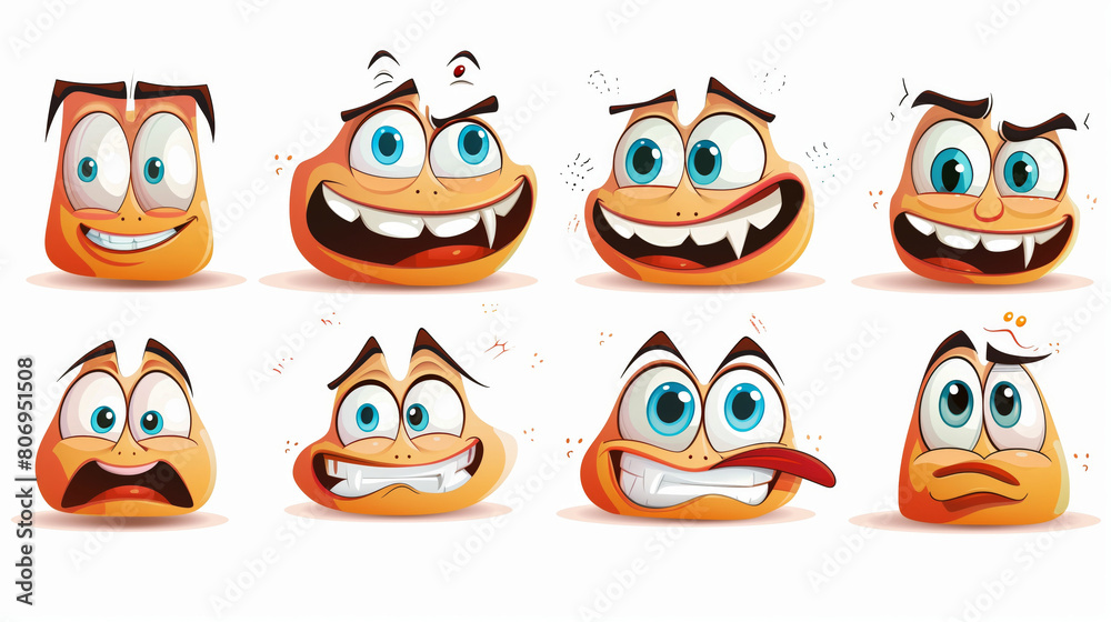 A set of eight colorful and expressive cartoon faces showing various emotions. A set of eight colorful and expressive cartoon faces showing various emotions.