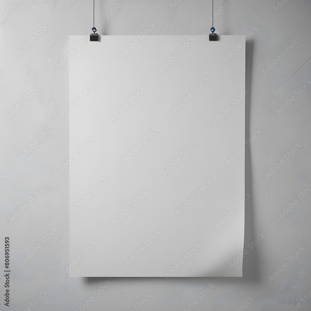 Blank white poster hanging on a wall with two metal clips Blank white poster hanging on a wall with two metal clips