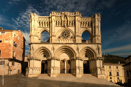 Frontal shot of the facade of the cathedral of Cuenca, Spain with its neo-Gothic style