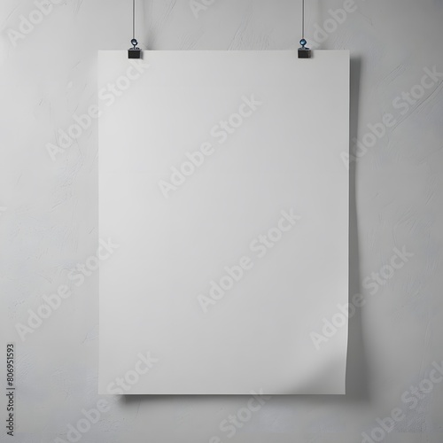 Blank white poster hanging on a wall with two metal clips © ainime