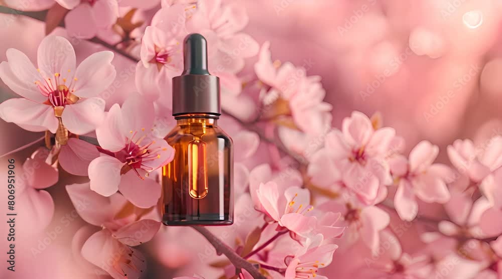 a bottle of pink cosmetic liquid with flowers on a pink background a bottle of pink cosmetic liquid with flowers on a pink background