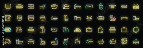 School breakfast icons set outline vector. Lunch bag. Bread break neon color on black