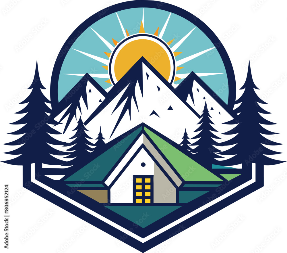 house in the mountains and trees logo design, Forest camping logo, summer camping logo design, 