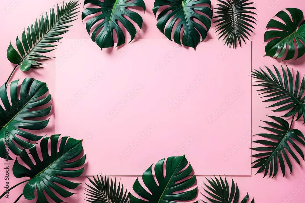 Fresh Green Leaves On Pink Background With Frame Mockup For Text Placement