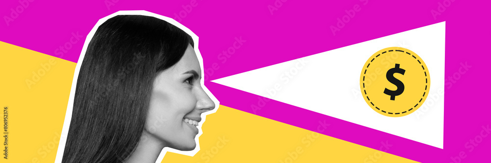 Composite collage image of female earning money golden coin vision payment imagine fantasy billboard comics zine minimal Composite collage image of female earning money golden coin vision payment imagine fantasy billboard comics zine minimal