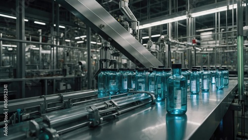 bottles of water are lined up on a conveyor belt in a factory