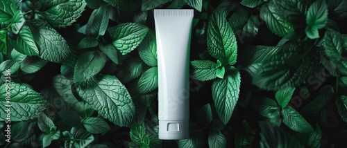 a tube of cool toothpaste surrounded peppermint leaves
