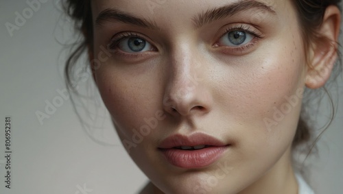 close-up perfect woman face with porcelain skin