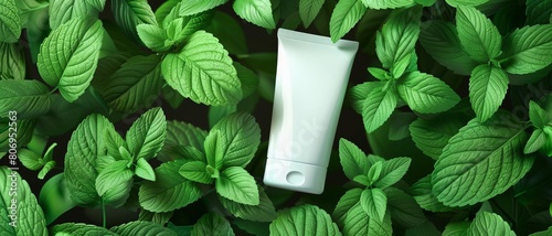 a tube of cool toothpaste surrounded peppermint leaves