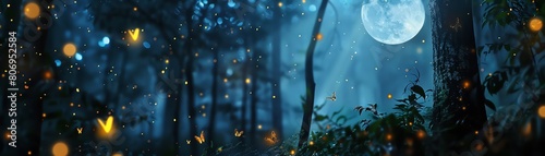 firefly in the forest at night with moon on sky photo