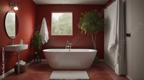 Interior of a white bathtub in a red bathroom with.generative.ai