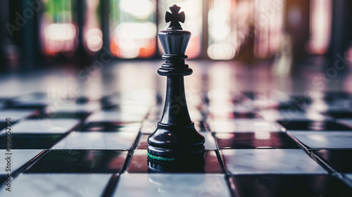 Close-up view of a black king chess piece standing on a glossy chessboard, with a blurred colorful backdrop.