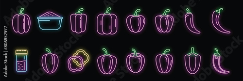 Paprica icons set outline vector. Capsicum bell. Chilli vegetable neon color on black